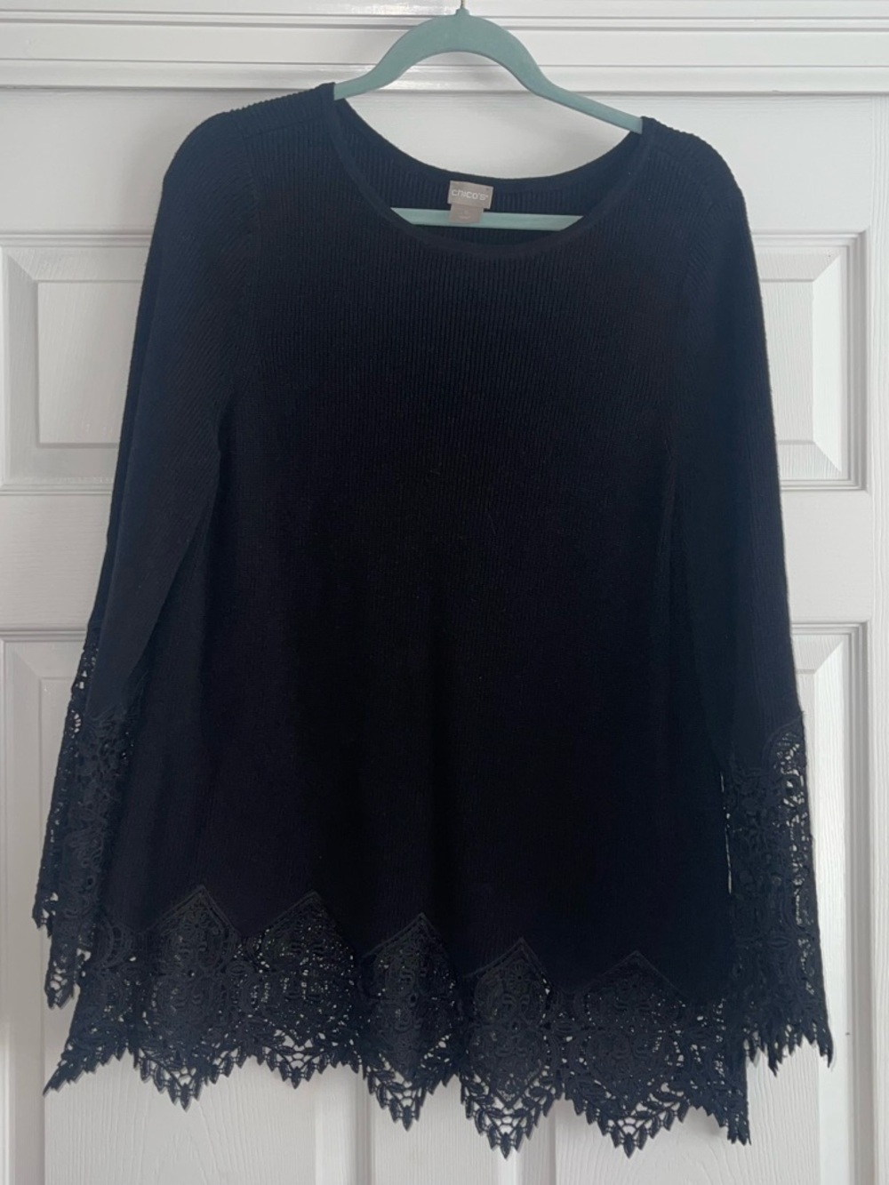 Black Long Sweater with Lace Bottom and Sleeves Chico’s 10-12